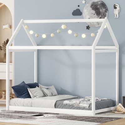 White Twin Wooden House Bed for Kids, Durable Pine Wood, No Box Spring Required