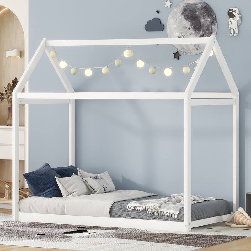 Wooden House Bed for Kids, Twin Size, Durable Pine Frame, No Box Spring Needed - White - Twin