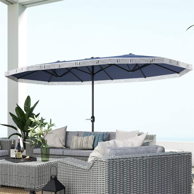 Large 15ft Outdoor Double-Sided Umbrella with UPF30+ Shade and Steel Pole Decorative Fringe