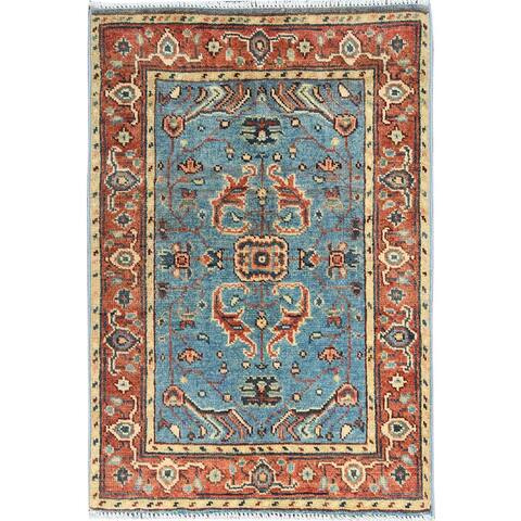 Shahbanu Rugs Denim Blue Afghan Peshawar Serapi Heriz Design Natural Dyes Densely Woven Wool Hand Knotted Mat Rug (1'10" x 2'9")