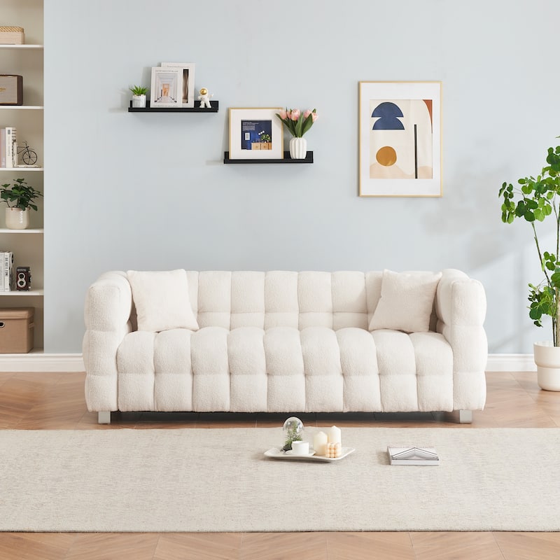 80-Inch Teddy Fleece Sofa with Metal Legs, Ideal for Living Room or Bedroom - Beige