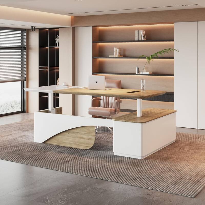WESOME White Adjustable L Shaped Desk with LED Power Outlets, Electric Sit and Stand Desk