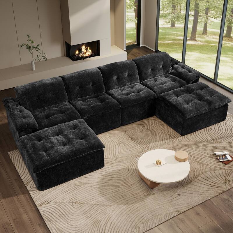 Rossetta 4-Seater Chenille Upholstery Modular Convertible Design Generous Seating Cushioned Sofa with 2 Versatile Ottomans