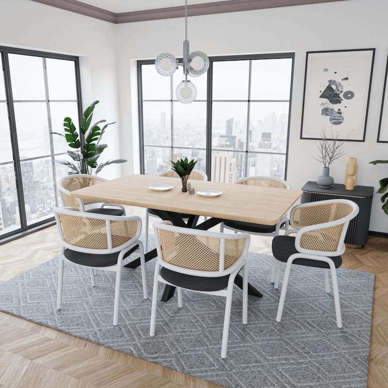 Ervilla Modern Stylish Side Chair with Rattan Back and White Steel Legs for Dining Room & Kitchen, Set of 2