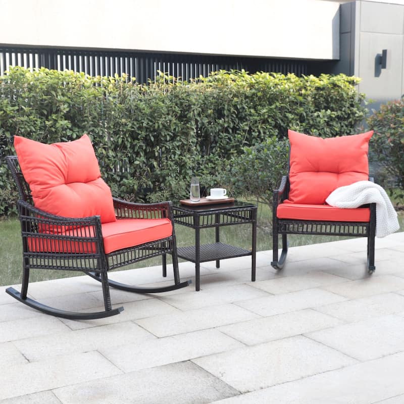 VEIKOUS 3-Piece Patio Wicker Outdoor Rocking Chair Set with Cushions and Pillows