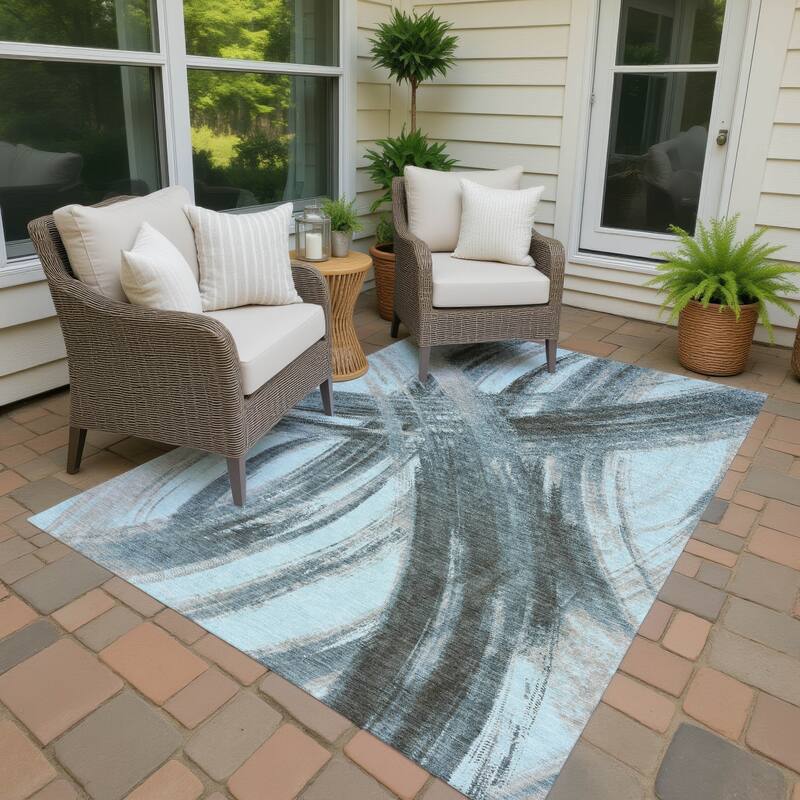 Machine Washable Indoor/ Outdoor Abstract Brushstroke Chantille Rug - Teal - 10' x 14'
