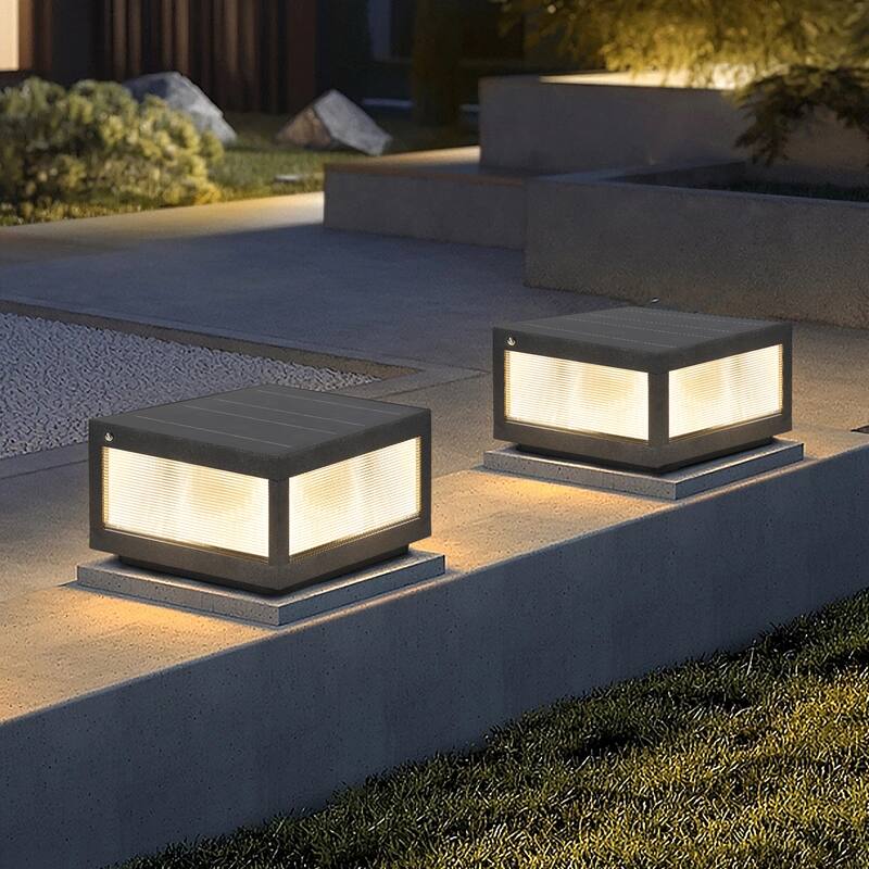 12" Black Solar Powered LED Post Cap Light, Modern Outdoor LED Fence Light for Pathways, Decks, and Patios (2-Pack)