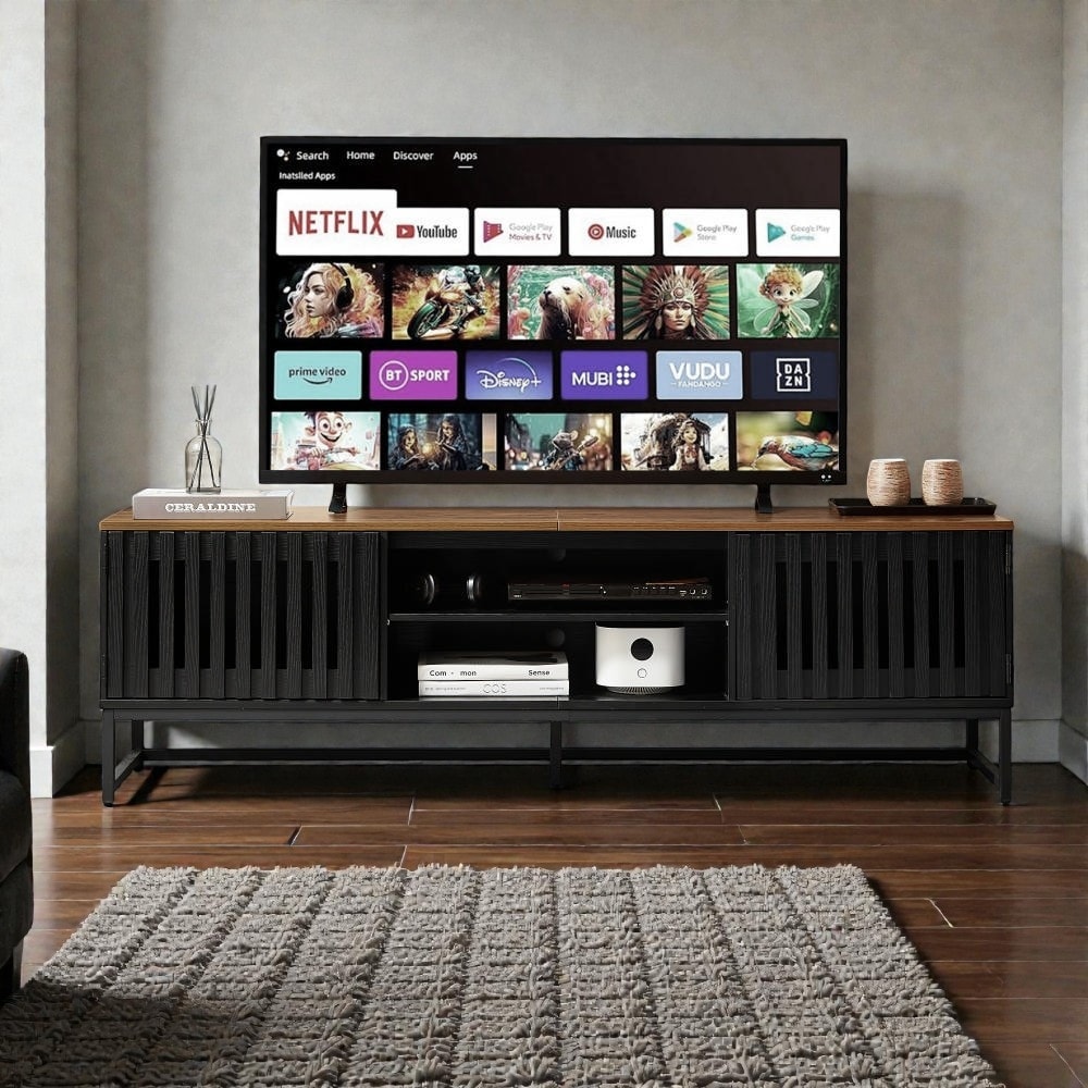63 Inch Mid-Century Modern TV Stand with Slatted Grille Doors, Black Media Console with Storage for TVs up to 60 Inch
