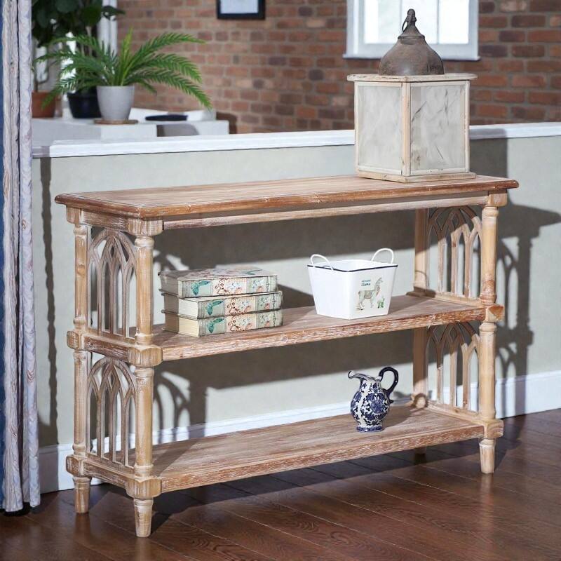 47" Rustic 3-Tier Console Table with Gothic Arched Details, Wooden Entryway Table for Hallway & Living Room