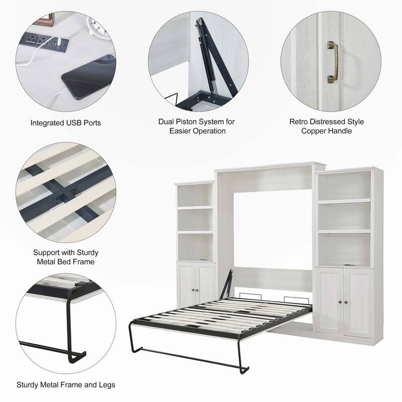 Queen Size Murphy Wall Bed with 1 Side Cabinet Storage Shelf