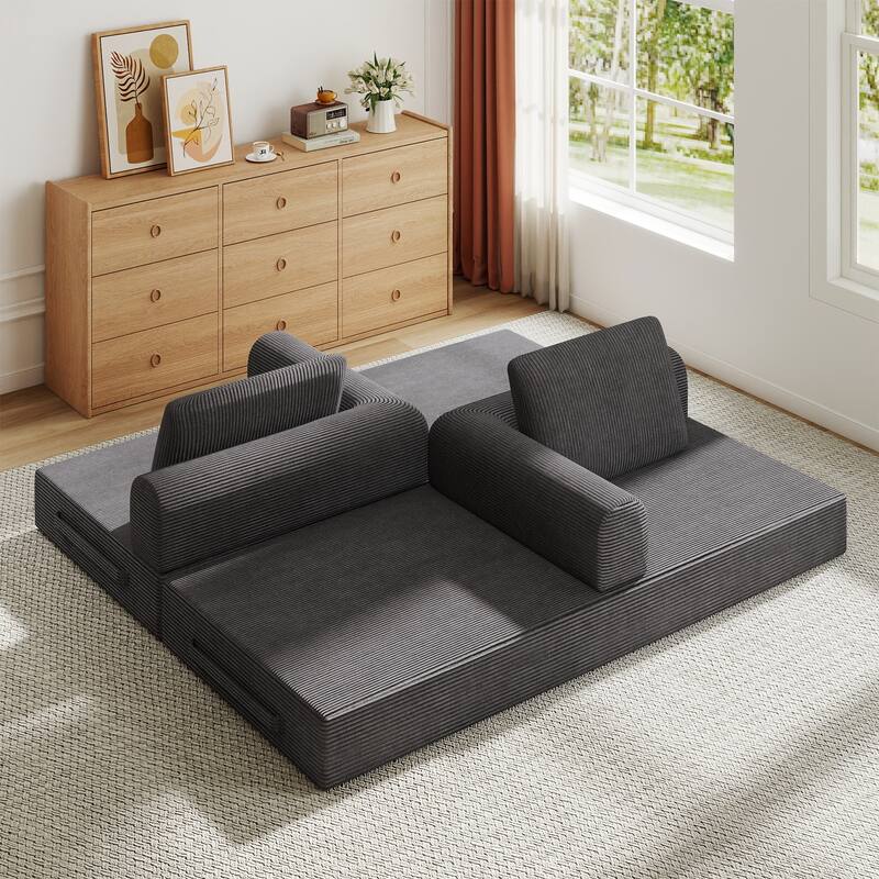 Convertible Sleeper Sofa Bed, Corduroy Folding Sleeper Couch with Pillow, Boneless Couch for Living Room, Floor Lounge Sofa