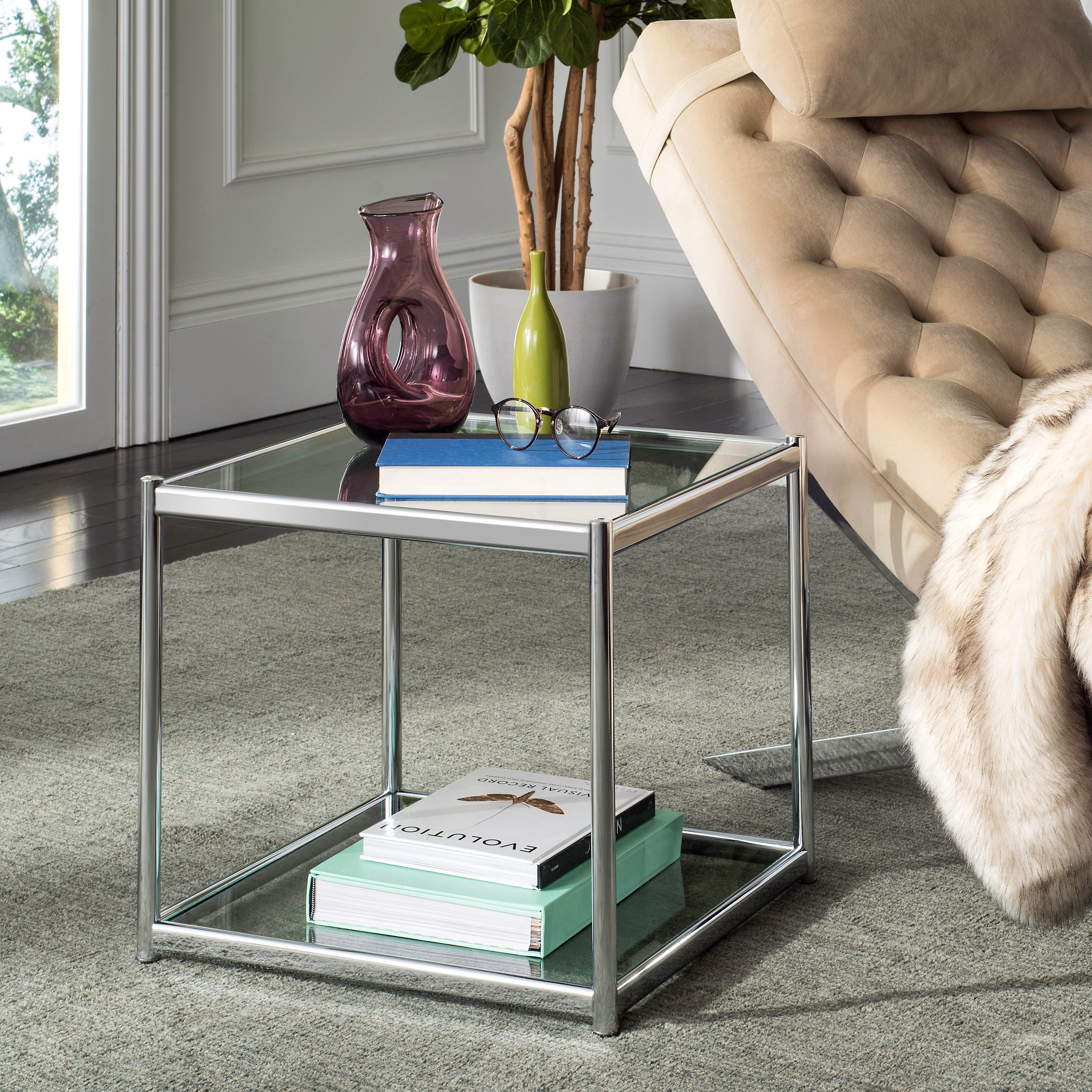 SAFAVIEH Lakendra Glam Glass End Table, Chrome - 20Wx20Dx18H