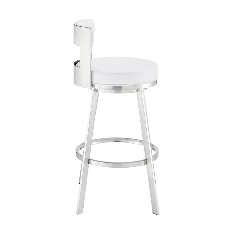 Ami 26 Inch Swivel Counter Stool Chair, White Faux Leather, Stainless Steel