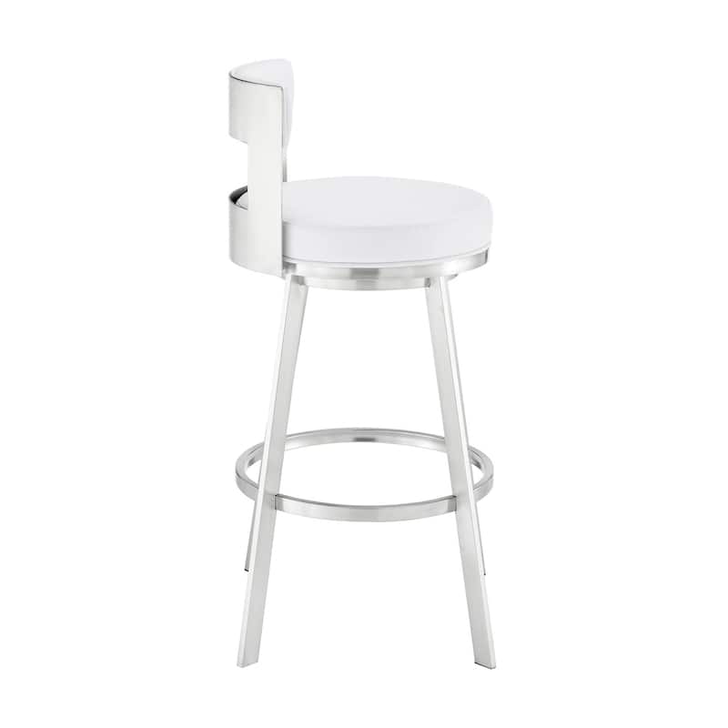 Ami 30 Inch Swivel Barstool Chair, White Faux Leather, Stainless Steel