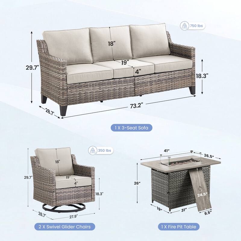 Pocassy 4 Pieces Outdoor Sofa Siwvel Chair w/ Fire Pit Table