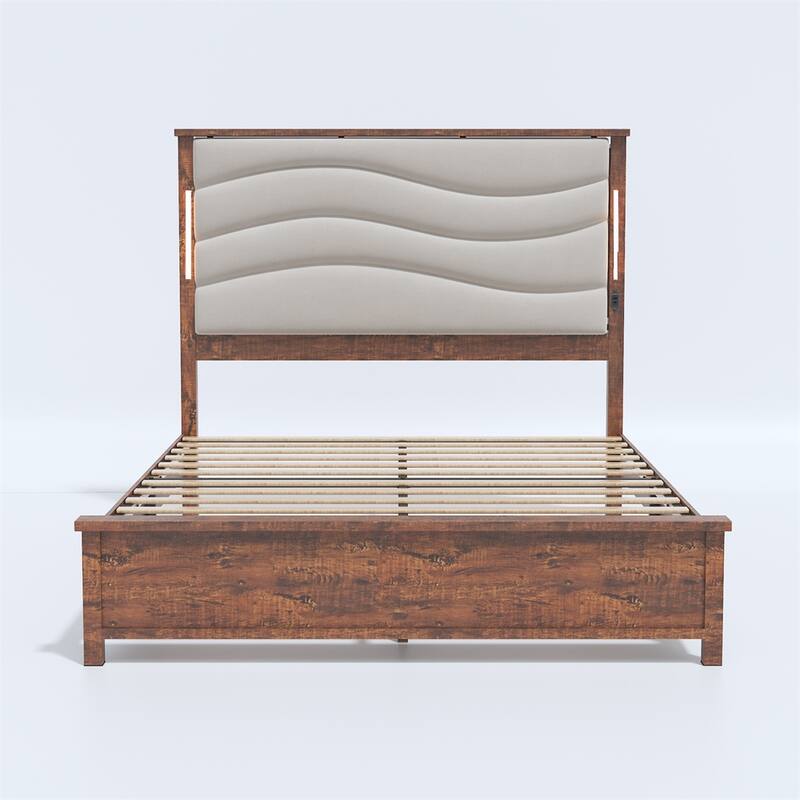 King Size LED Platform Bed w/ Upholstered Headboard, Charging Station