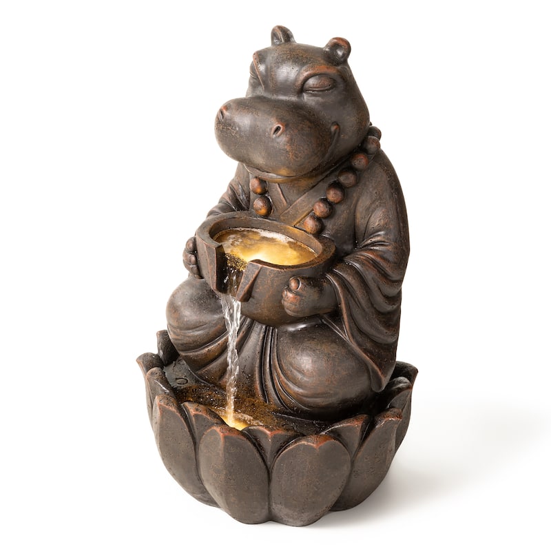 Glitzhome 21.75"H 2-Tiered Lighted Zen Style Frog Elephant Hippo Polyresin Outdoor Fountains