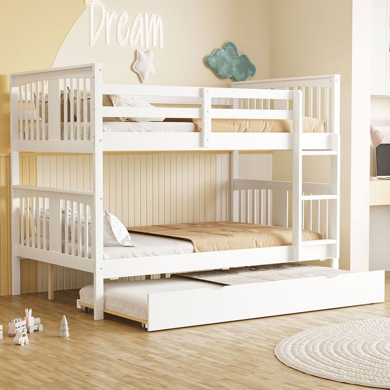 Full over Full Bunk Bed with Twin Size Trundle and Ladder-White