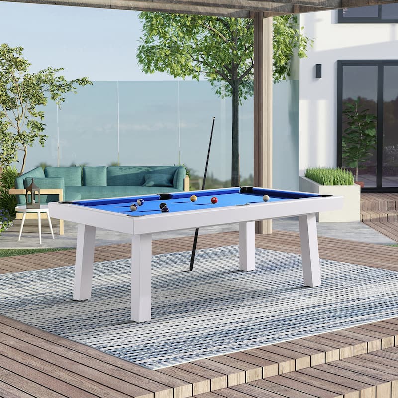 Newport Outdoor Patio 7ft Slate Pool Table Dining Set with 2 Benches & Accessories, White Finish - N/A