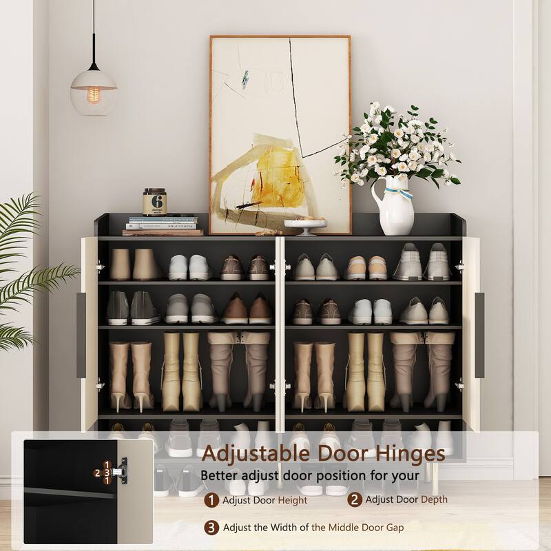 Roomfitters 55" Sideboard, 4-Door Shoe Cabinet, Modern Storage Credenza, Entryway Console Table, Black + Light Yellow