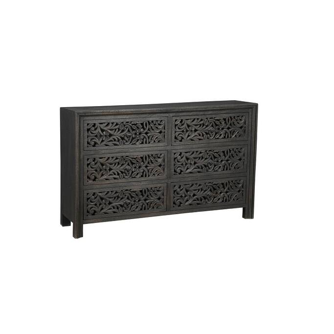 HomeRoots 57" Black Carved Scrollwork Solid Wood Six Drawer Dresser