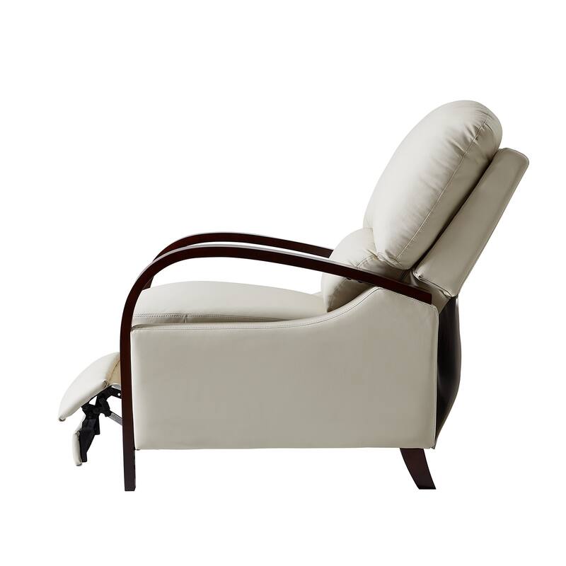 Alex Mid-century Modern Genuine Leather Manual Recliner with Wooden Curved Arms