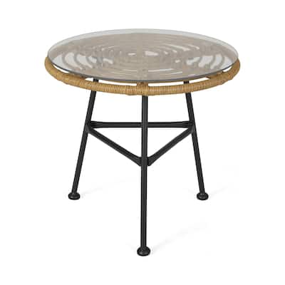 19.5 in. Black and Brown Round Glass End Table, Sturdy Build End Side Table for Living Rooms