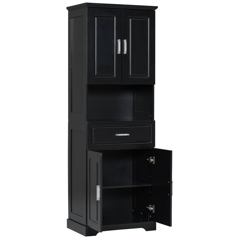 Storage cabinets with doors and open storage shelves