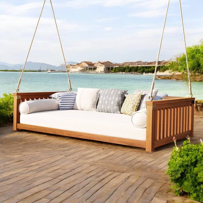 Premium Acacia Wood Patio Swing Bed with Ropes - Comfortable Outdoor Twin-Size Swing for Garden, Porch, or Backyard