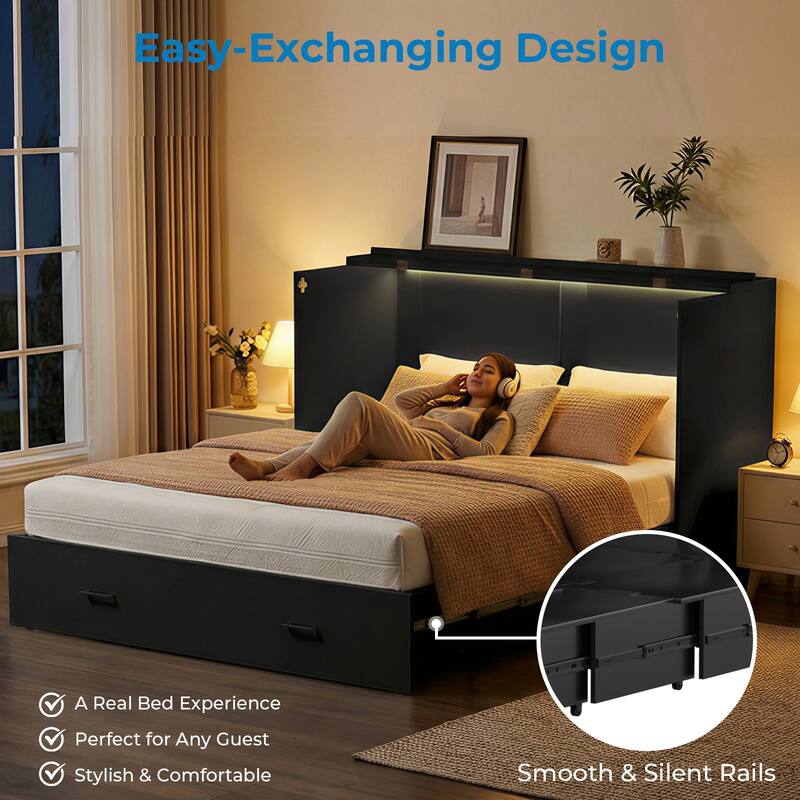 Mixoy Smart RGB LED Murphy Bed,Space Saving Cabinet Bed with Storage