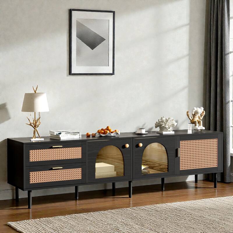 Rattan TV Stand with LED Lights, 3 Cabinets & 2 Drawers, Media Console for TVs up to 80'', Modern Entertainment Center