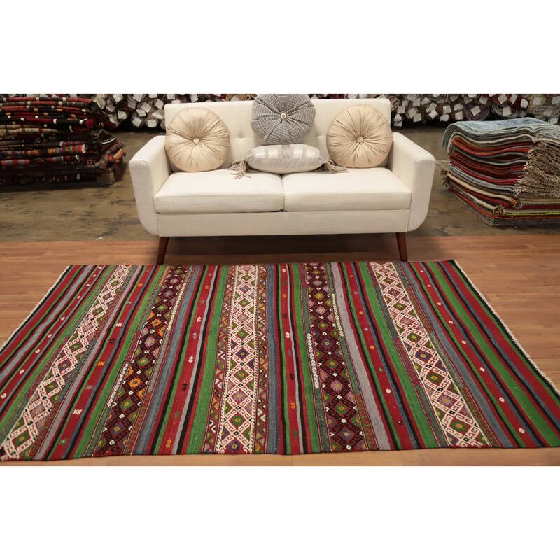 Hand Woven Oriental 100% Wool Carpet Southwestern Tribal Multi-Colored Kilim Area Rug - 7' 4'' X 5' 0''