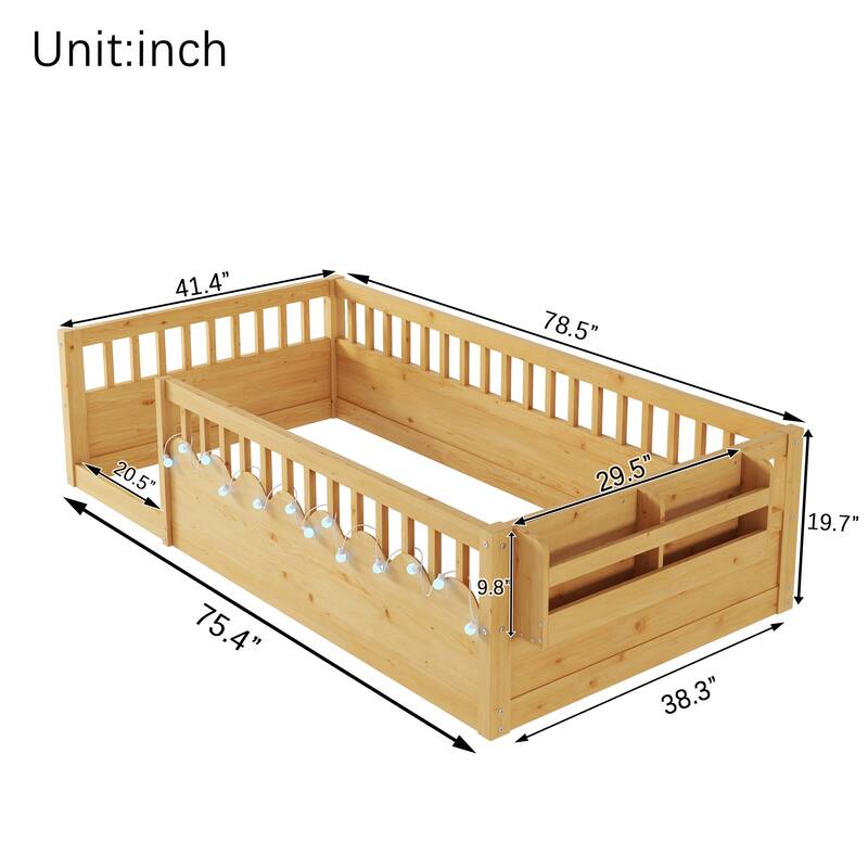 Montessori Floor Bed Frame with High Rails, Wood Toddler Floor Bedframe with Light and Headboard Storage Shelf for Kids Room
