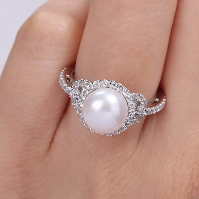 Miadora 8.5-9mm Cultured Freshwater Pearl and 3/4ct TGW White Topaz Halo Ring in Sterling Silver