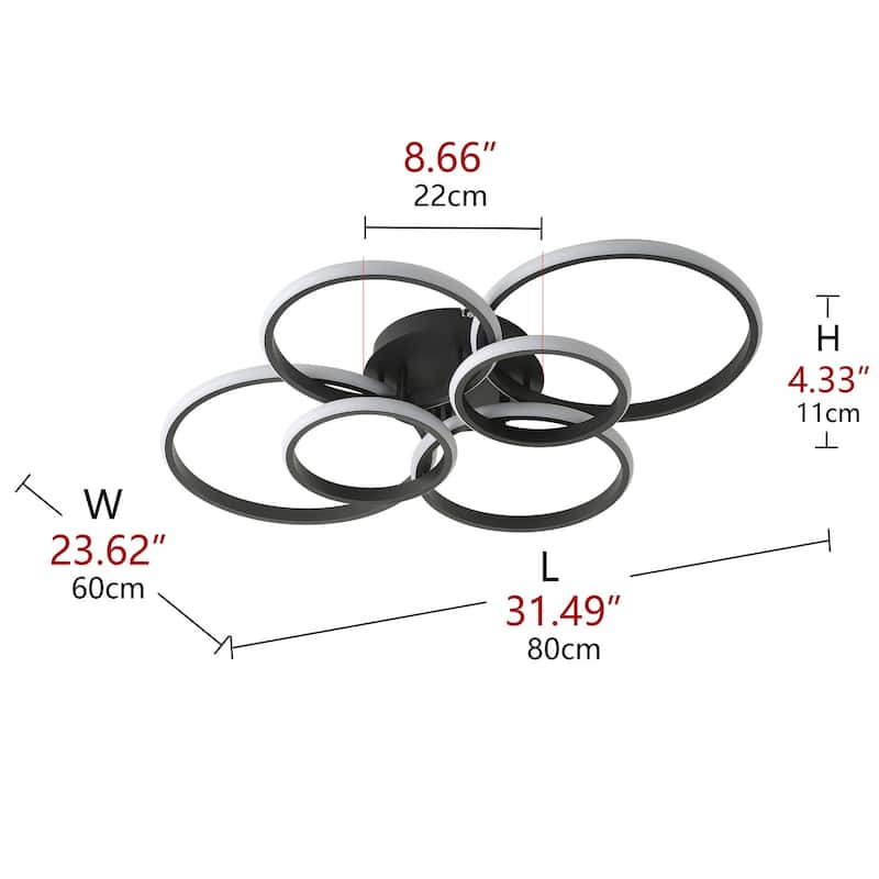 Modern 6-Ring Dimmable Cool White LED Semi Flush Mount Ceiling Light Fixture