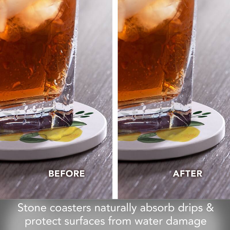 Lemon Blossom 4 Pack Absorbent Stone Coasters with Protective Cork Backing Made in The USA Absorbent Easily Wipes Clean