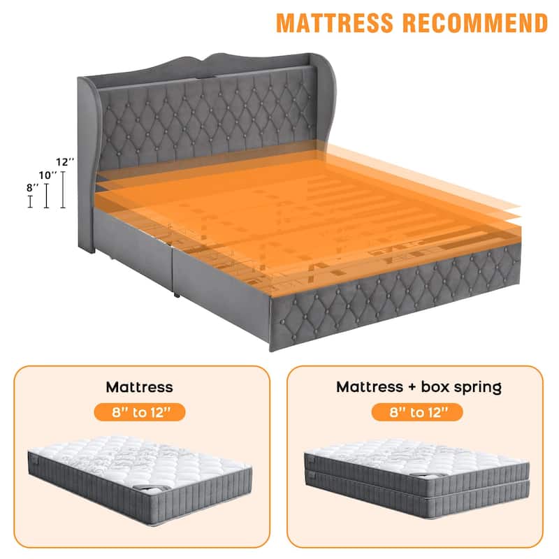Grey Upholstered Platform Bed with Drawers and Charging Station