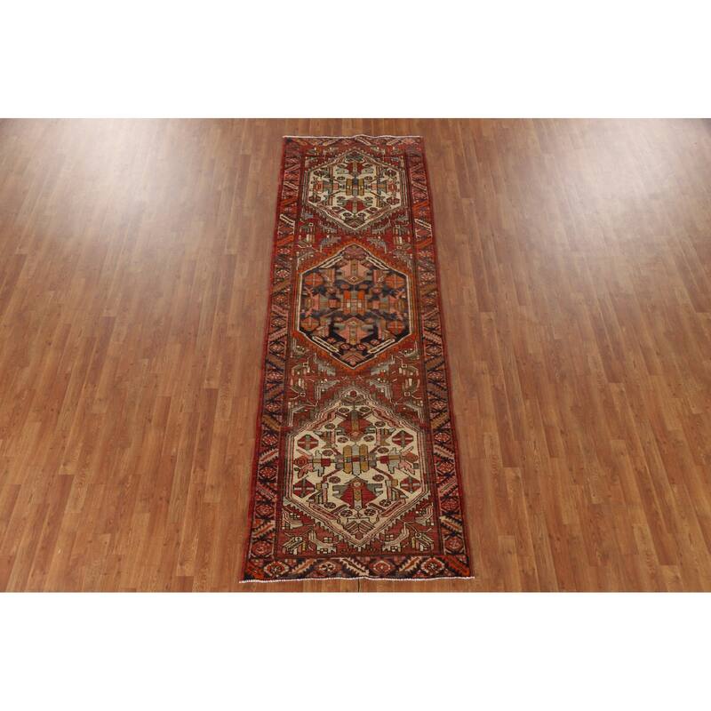 Geometric Hamedan Persian Vintage Runner Rug Hand-knotted Wool Carpet - 3'6"x 10'6"