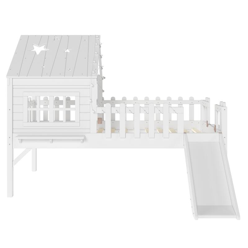 House Loft Bed with Slide and LED Lights, Kids Playhouse Bed with Star & Moon Cutout Roof and Window, Low Loft Bed
