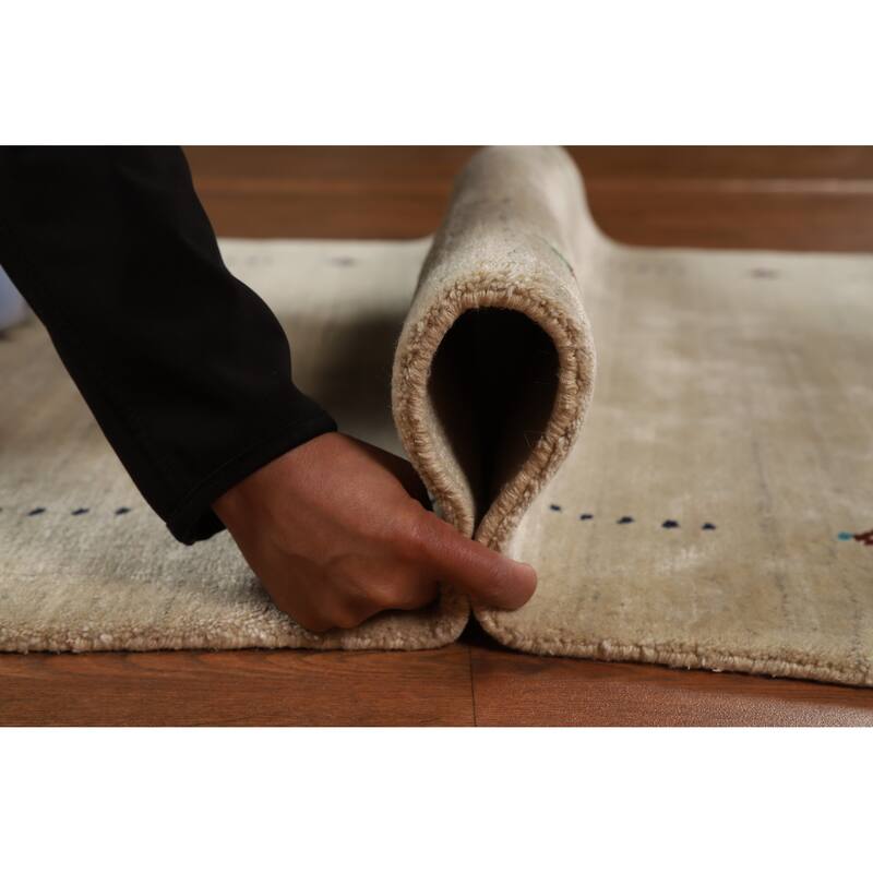 Tribal Beige Gabbeh Indian Foyer Rug Handmade Silk Carpet - 3'1"x 4'11"
