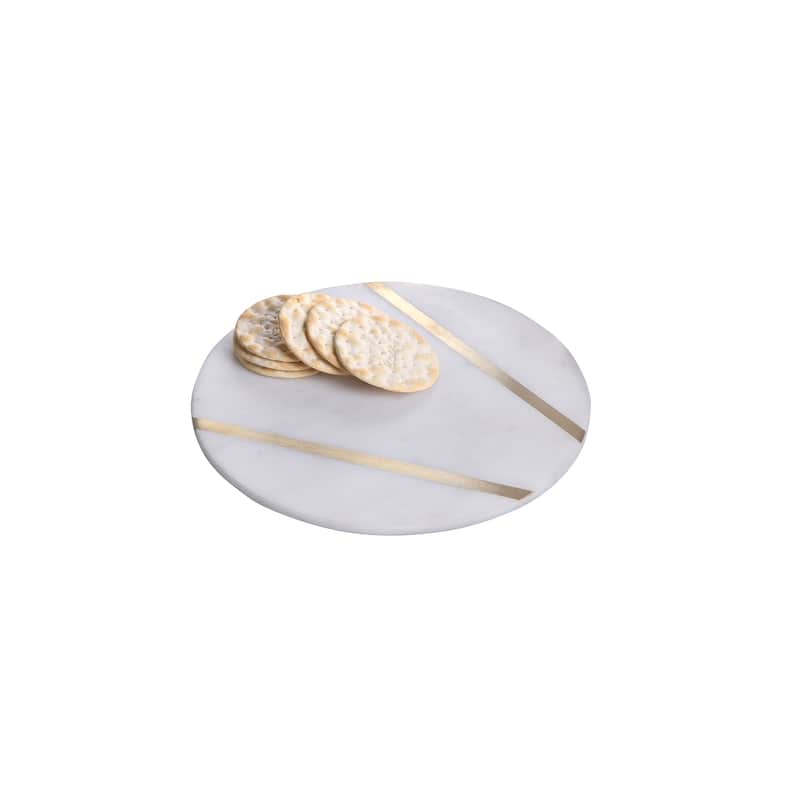 Sm. Marble Plate W/BRASS Inlay. White Marble -ST - WHITE
