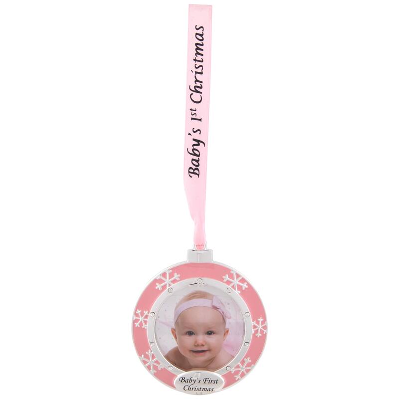 3" Pink Silver-Plated Baby's First Christmas Photo Ornament