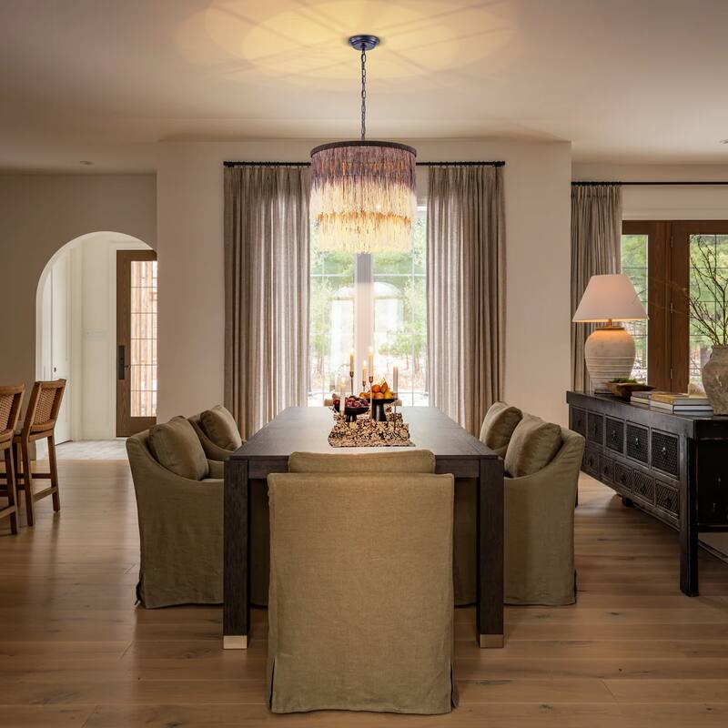 17.7" 3-Light Bohemian Farmhouse Purple Round Hand-made Cotton Fringe Tiered Hanging Chandelier Living Room,Bedroom