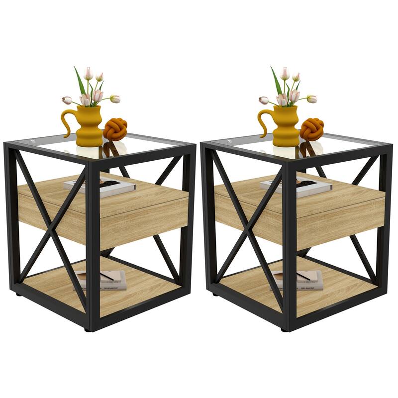 Set Of 2 Modern End Table With Drawer - Nightstand For,Rustic Wood Grain Mdf&Tempered Glass Top, Industrial Style Side Table - Wood