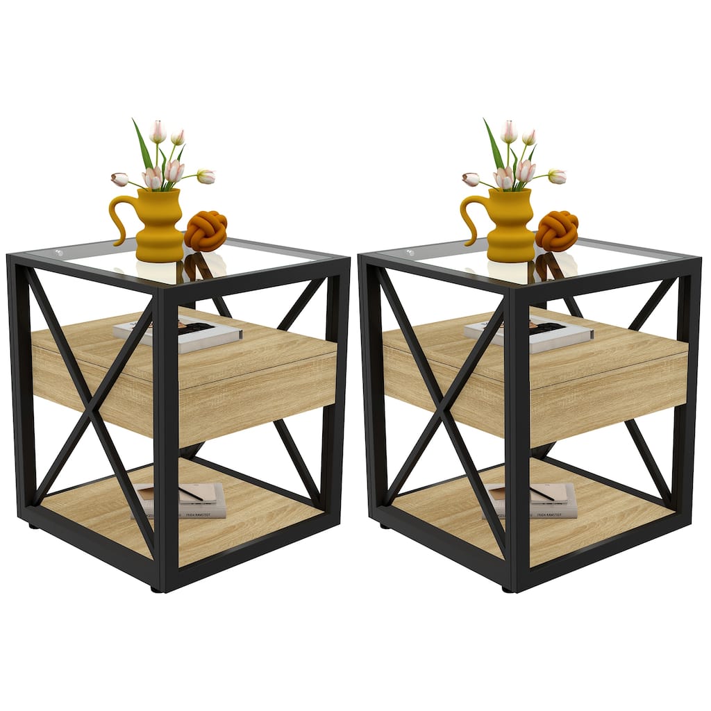 Set of 2 Modern End Table with Drawer - Nightstand for Bedroom & Living Room, Industrial Style Side Table
