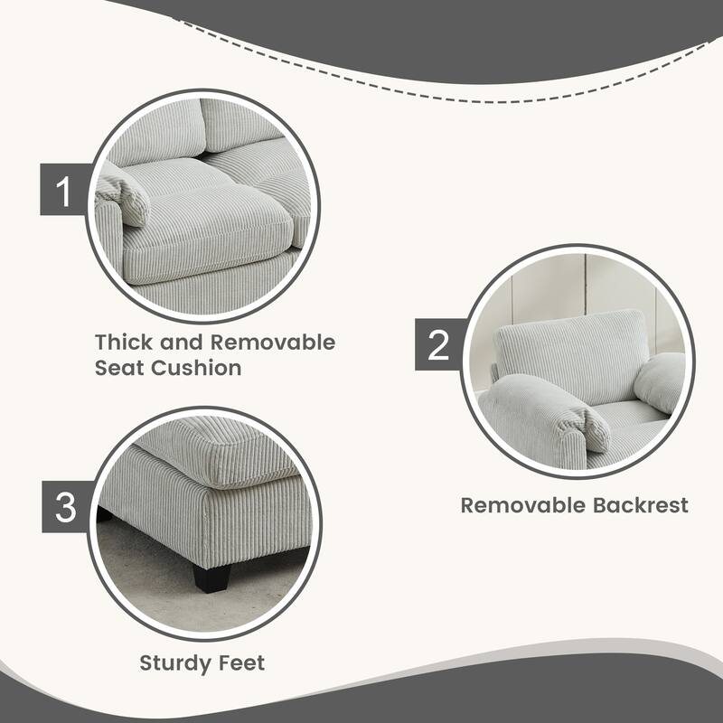Multi-Seater Corduroy Sectional Sofa, Modular Settee, Included Removable Ottomans