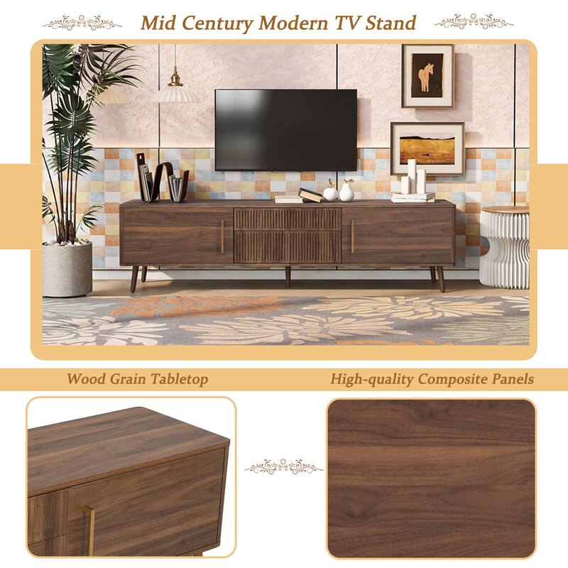 Mid Century TV Stand Media Console, for TVs up to 80" with 2 Drawers & 2 Storage Cabinets, for Living Room, Bedroom