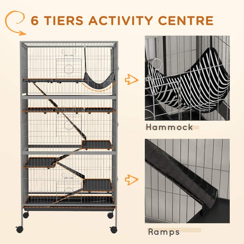 Grey Steel 6-Tier Small Pet Cage with Ramp, Hammock and Wheels - 31.5" L x 20.5" W x 62.6" H