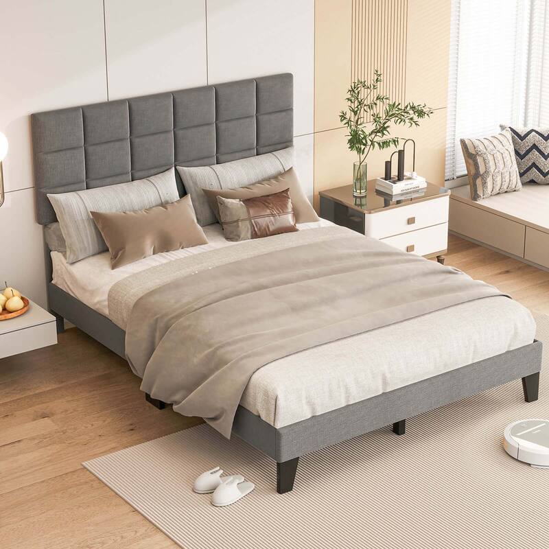 Costway Full/Queen/King Size Bed Frame Modern Linen Fabric Upholstered
