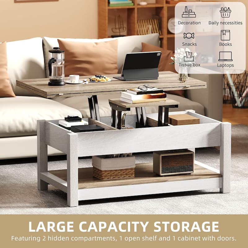 Moasis Farmhouse Lift Top Coffee Table Dining Table with Hidden Storage and Shelf